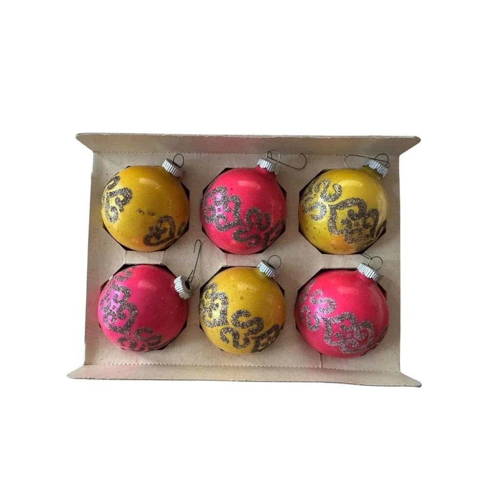 Shiny Brite Vintage Mercury Glass Stenciled Christmas Ornaments Set of 6 1960s - Picture 7 of 7